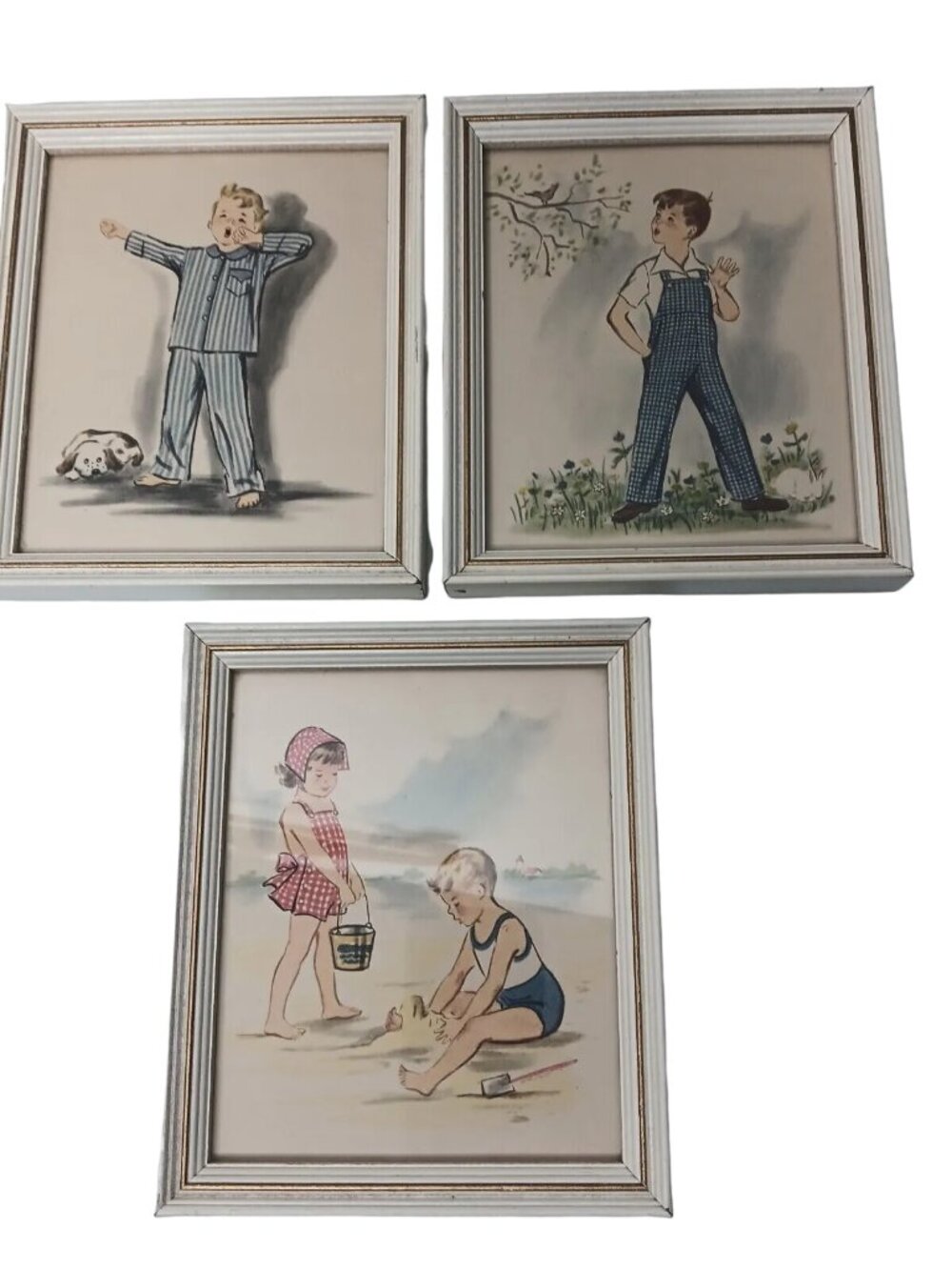 Vintage Lambert Products Framed Prints Kids Boy in Pajamas Overalls Girl Beach